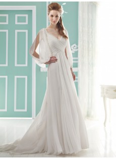 Saal Flattern Ärmel V-Ausschnitt Weiß Chiffon Brautkleider mit Schleife