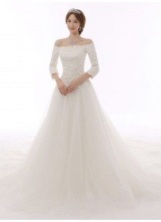 Elegant Garten|Outdoor 3/4 Ärmel Weiß Tüll A-Linie  Brautkleid