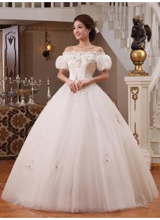 Garten|Outdoor Kristall Detail Kurze Ärmel Off-Die-Schulter Tüll A-Linie  Brautkleid