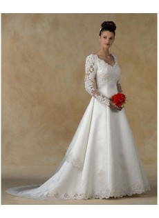 Garten|Outdoor Spitze Saum Reißverschluss V Ausschnitt Satin A-Linie Brautkleid